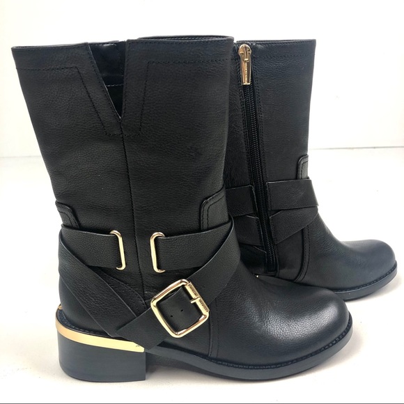 NEW Vince Camuto Black Leather Gold Hardware Calf Height Boots Size 6.5M
